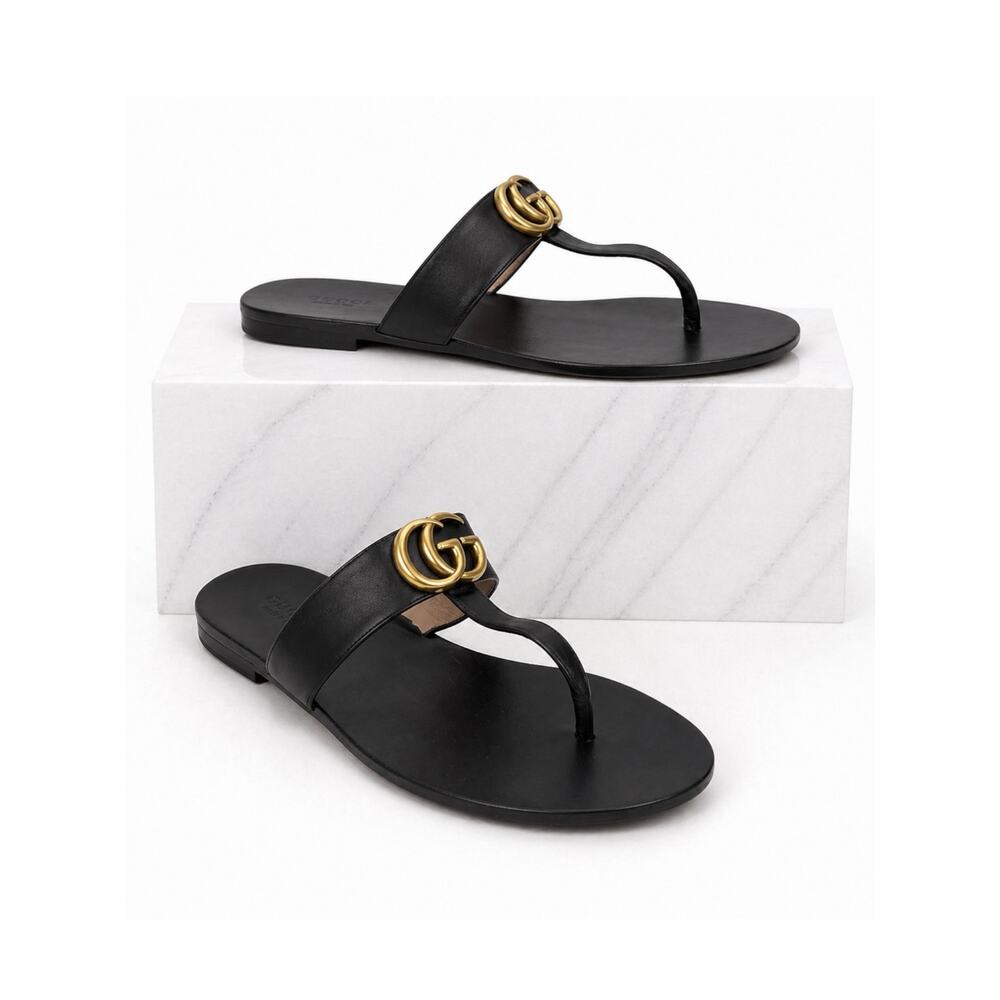Gucci Black Leather Thong Sandal Gold Double G Logo Size 38.5 - Picture 2 of 13